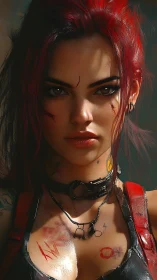 Red haired woman with scars stares directly at viewer