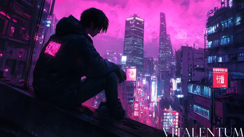 Silhouetted figure surveys neon cyberpunk skyline at dusk