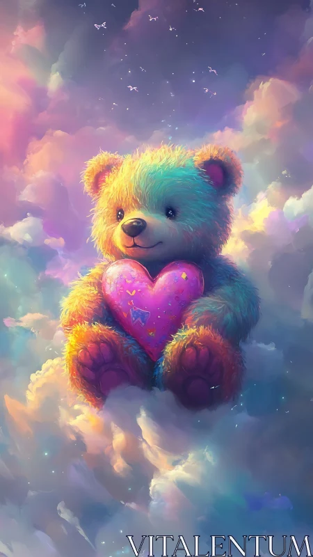 Rainbow teddy bear cradles glowing heart in pastel clouds.