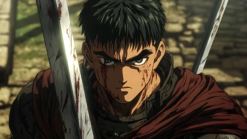 Armored swordsman with bloodstained blade in stone street.