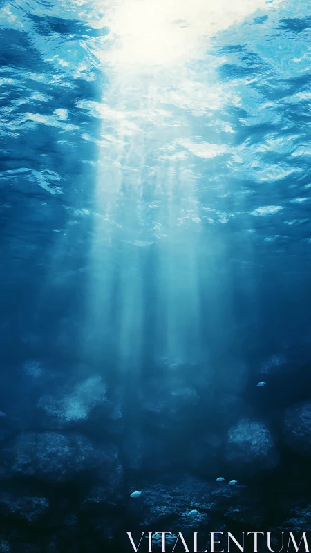 Gentle sunbeams drifting through a deep blue seafloor.
