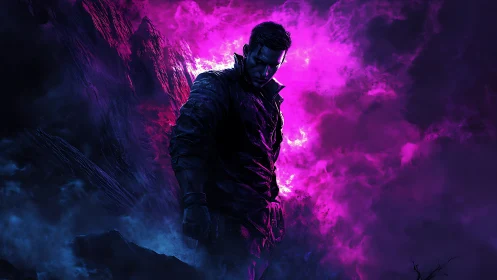 Lone warrior stands in neon violet storm-lit canyon.