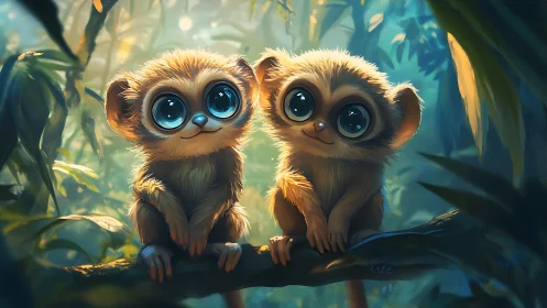 Two wide-eyed furry creatures perched on jungle branch.