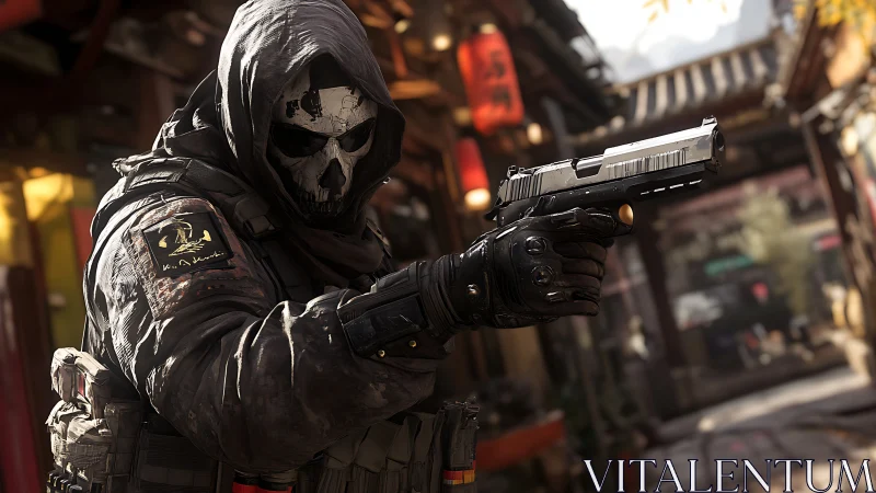 Tactical masked soldier aiming handgun in urban alleyway scene.