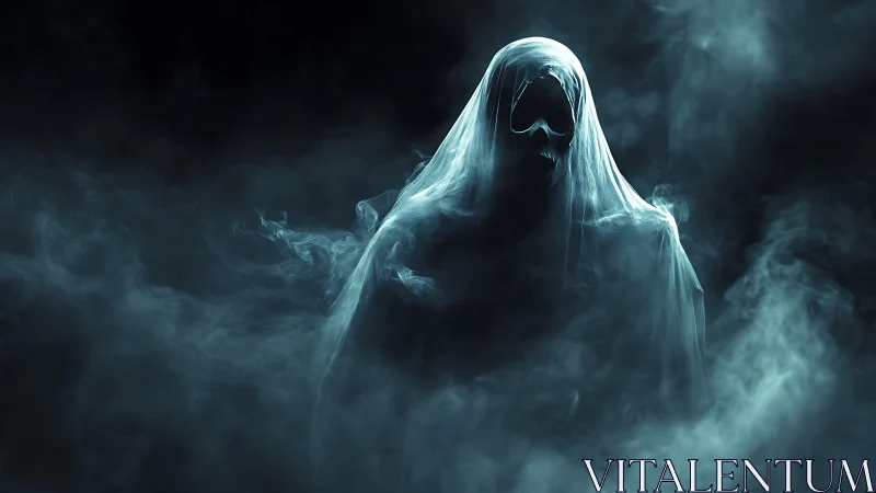Shrouded wraith in teal fog, drifting through midnight silence.