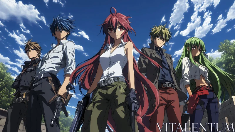 Anime squad of armed youths stands outdoors in formation