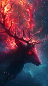 Ember-crowned stag strides through a storm of cosmic embers