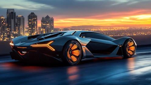 Futuristic low-profile supercar on rooftop at sunset.