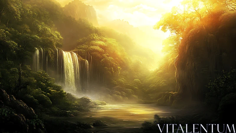 Golden jungle waterfall bathed in sunrise mist glow.