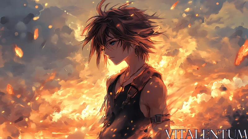 Fiery anime warrior stands amid swirling embers and light.