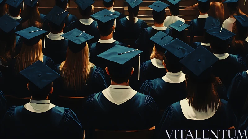 Digital painting of graduates in caps and gowns, rear view grid.