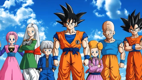 Seven stylized anime warriors aligned under a vivid blue sky