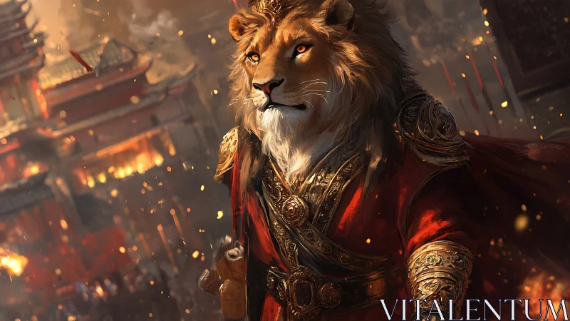 Lion warrior in ornate red armor stands before burning city