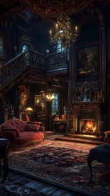 Victorian library glows with ornate firelit opulence