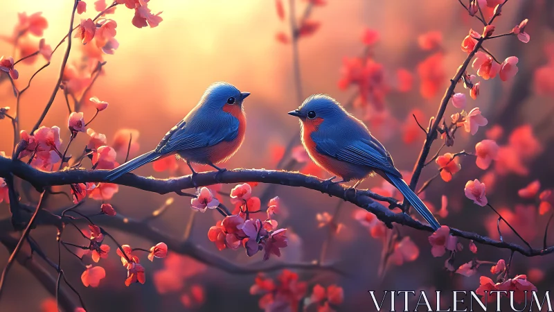 Two Colorful Birds on Blossom Branch in Dreamy Sunset Light.