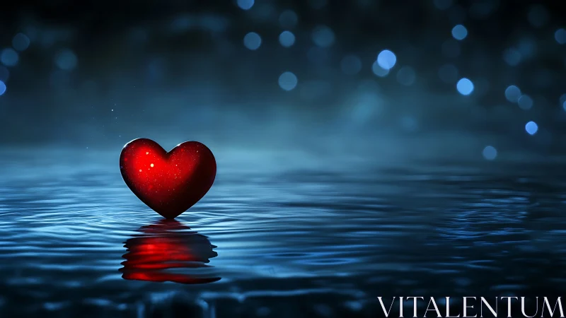 Luminous Red Heart Floating on Blue Water.