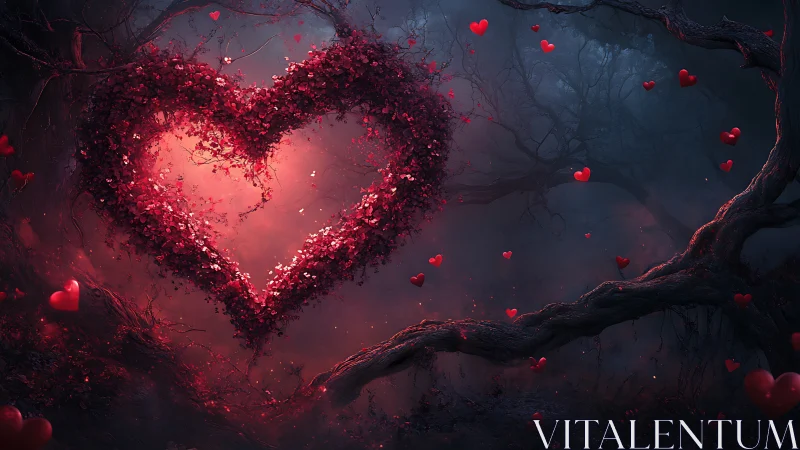 Luminous heart formed from glowing red particles in dark forest setting.