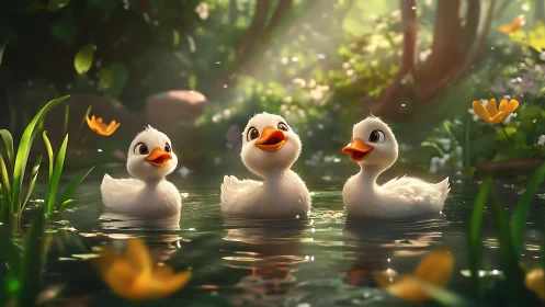 Sunlit duckling trio singing in a glittering forest pond.