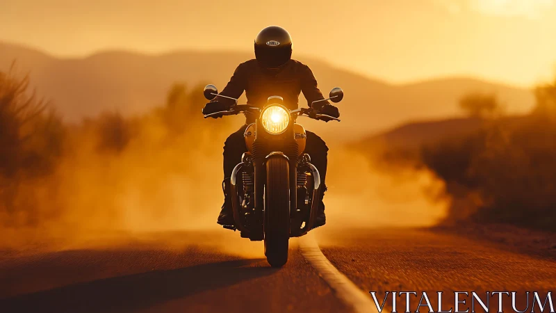 Motorcycle rider on rural road at sunset with dust trail.