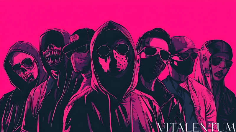 Neon masked crew standing strong in bold pink shadows.
