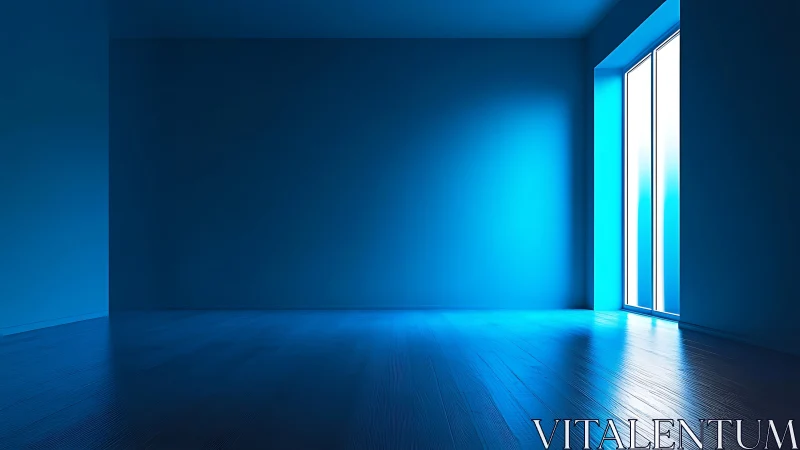 Minimalist blue room glows with bright modern window light.