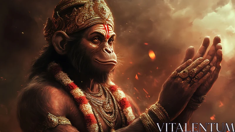 Digital painting of divine simian deity in ritual side profile.