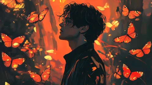 Silhouetted youth surrounded by glowing orange butterflies.