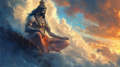 Meditating deity above clouds in warm sunset sky.