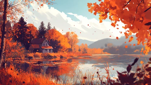 Autumn lakeside cabin under saturated foliage with reflective water surface