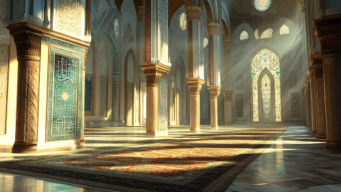 Sunlit mosaic hall filled with quiet golden arches.