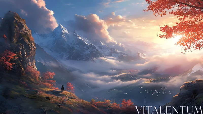 Sunlit mountain valley with mist and crimson autumn trees.