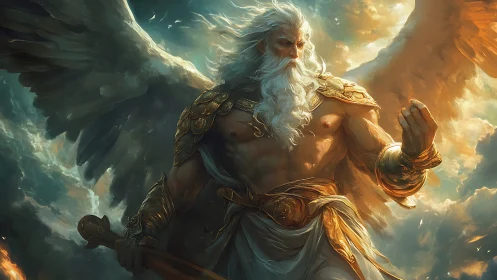Winged celestial warlord with gilded armor under stormlit sky