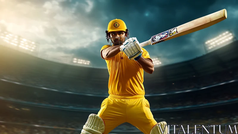 Cricket batsman mid-swing under dramatic stadium floodlights.