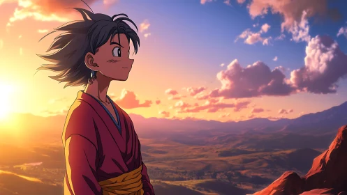 Sunlit anime wanderer overlooking luminous valley panorama.