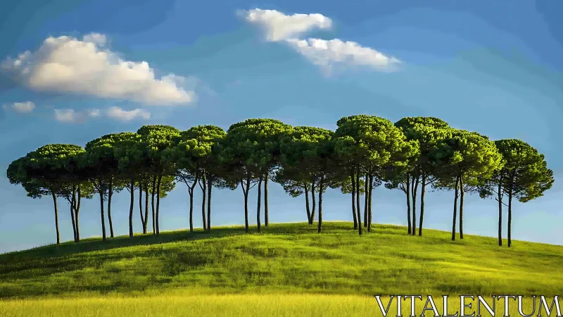 Sunlit hilltop grove beneath vivid blue afternoon sky.