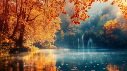 Spectral autumn forest basin with cascading misted waterfalls.