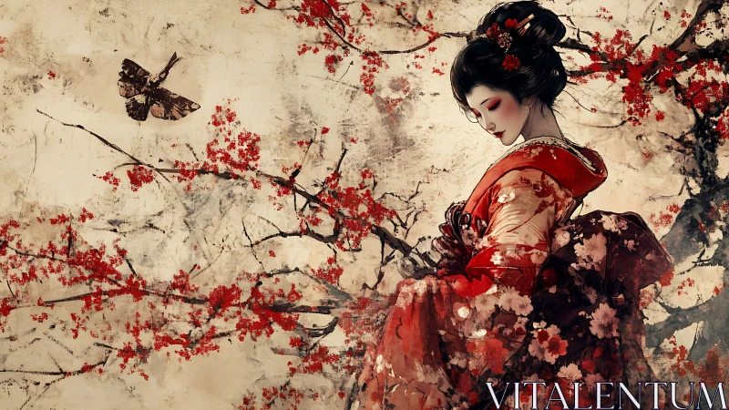 Graceful geisha in red kimono amid soft cherry blossoms.