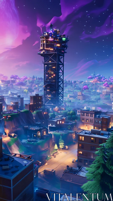 Starlit futuristic tower rises warmly over a glowing city