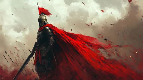 Lone armored warrior with a storm of crimson courage.
