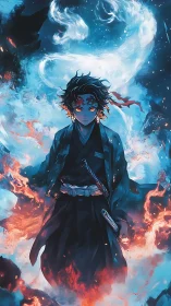 Sword-wielding anime figure amid blue fire and mist.