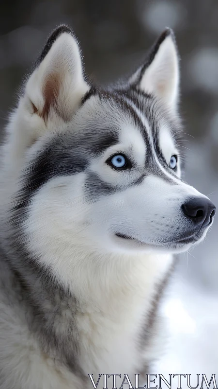 Gentle husky gaze in soft winter light and quiet snowfall.