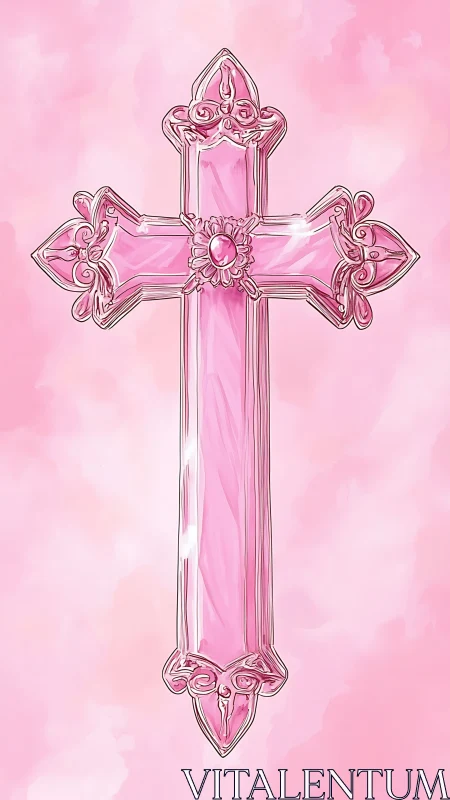 Pink jeweled cross illustration on soft pastel background.