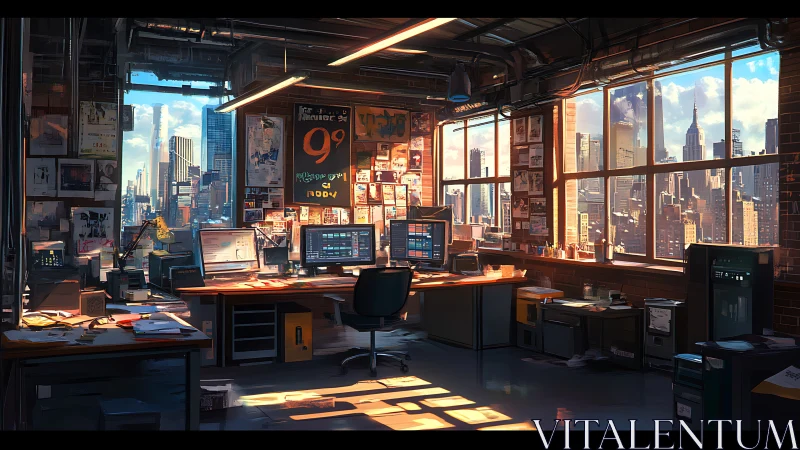 Sunlit cyber office overlooking dense futuristic skyline.