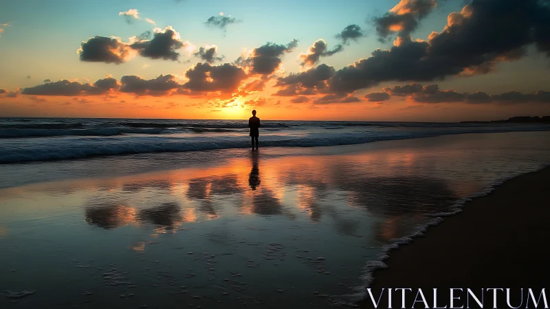 Silhouette stands at shoreline while clouds reflect on wet sand