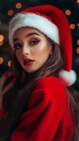 Woman in red Santa hat with blurred festive lights background.
