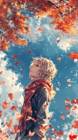 Autumn skyward gaze with drifting maple leaves in motion.