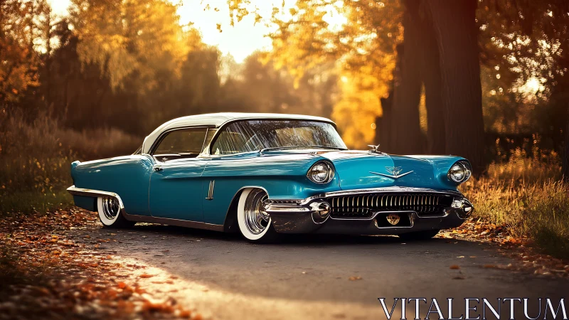 Turquoise vintage coupe parked on forest road in autumn.