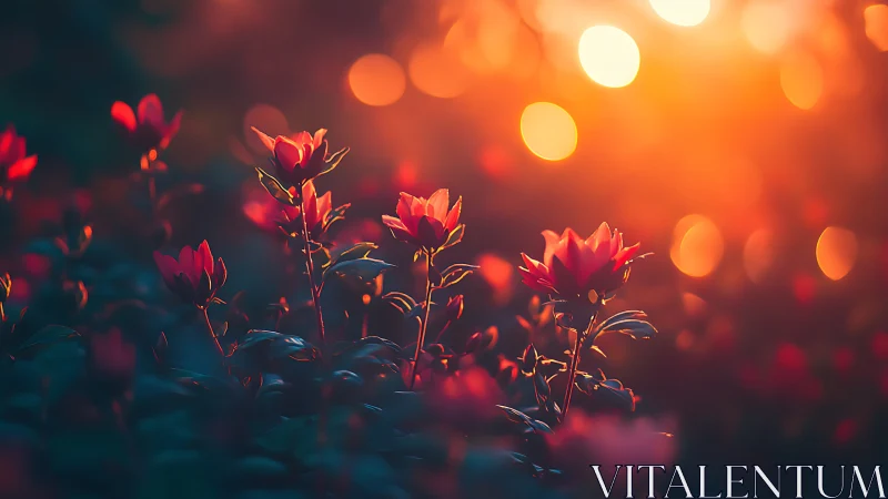 Deep-Field Floral Bokeh with Warm Chromatic Aberration.
