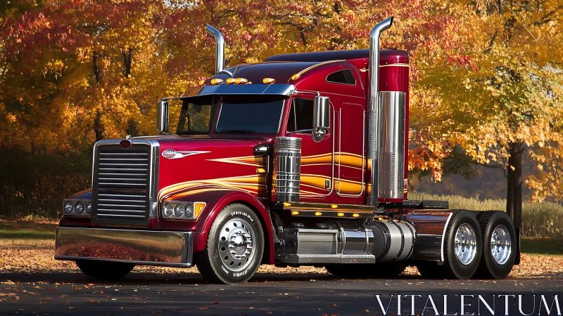 Custom red semi truck showcases chrome detailing in autumn light