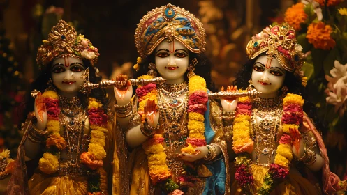 Radiant Krishna deities adorned in flowers and golden light.
